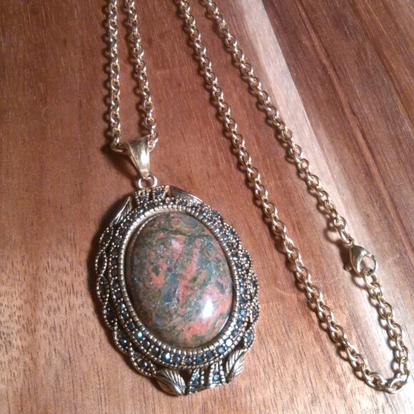 Unakite and Marcasite Goldtone Pendant Necklace - Picture 2 of 15